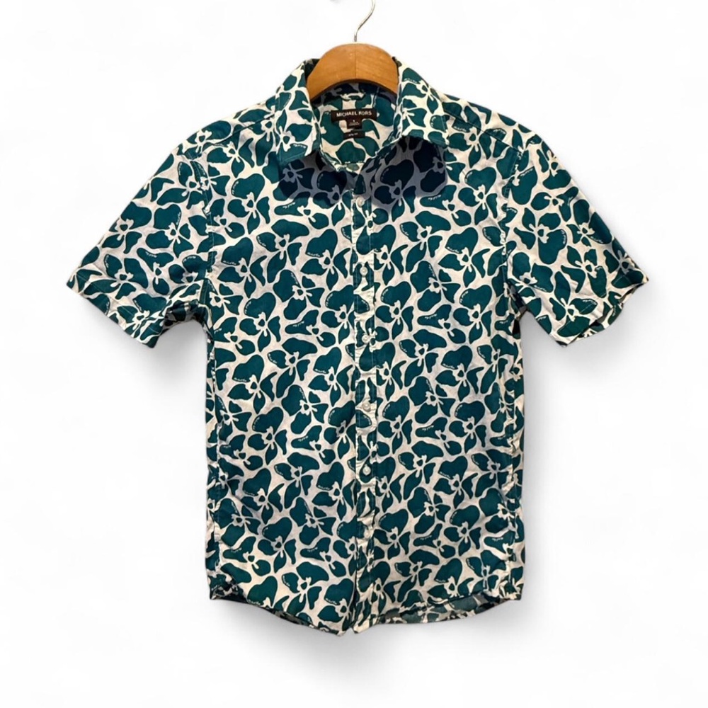 Michael Kors Men’s Teal and White Floral Button Down Collared Short Sleeve Shirt